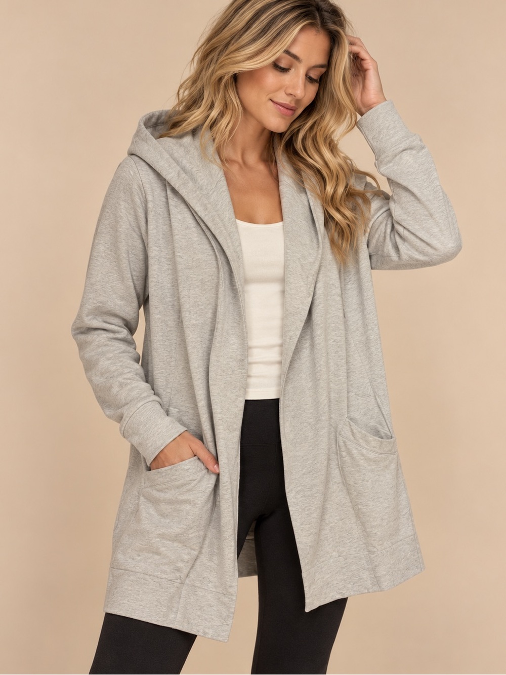 Loft Light Gray Hooded Open Front Long Cardigan Size M